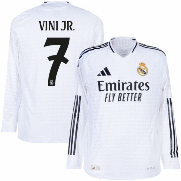 1993479810c6987f4f9a6eb379a42e39f0268d718b9dad0ddaa17b3595913b61 Real Madrid Home Long Sleeve Fan Jersey 2024/25 Vini Jr. 7 - Imagem 1
