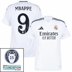 Real Madrid Mbappé 9 Home Fan Jersey 2024/25 Patches UCL UEFA Foundation (Official Printing)