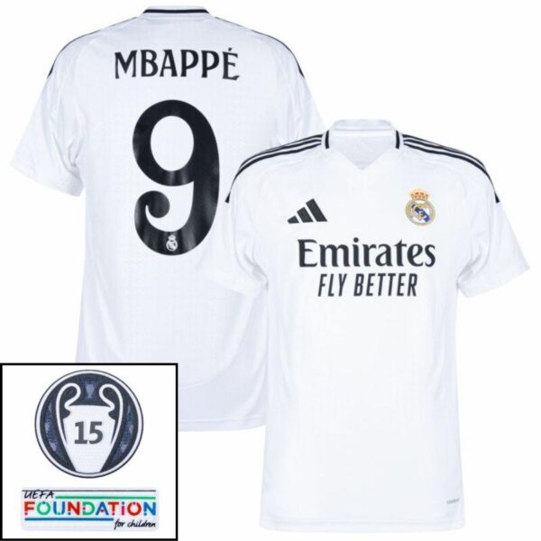 BRINDE-2025-03-04T205021.891_e98b9d42-052d-4b1e-852e-91746e18f0ee Real Madrid Mbappé 9 Home Fan Jersey 2024/25 Patches UCL UEFA Foundation (Official Printing) - Imagem 1