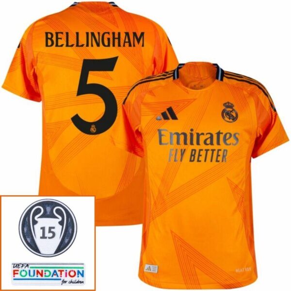 Real Madrid Bellingham 5 Away Fan Jersey 2024/25 Patches UCL UEFA Foundation (Official Printing) - Imagem 1