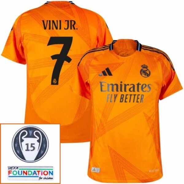 Real Madrid Vini JR. 7 Away Fan Jersey 2024/25 Patches UCL UEFA Foundation (Official Printing) - Imagem 1