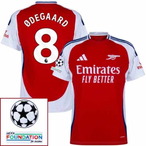 Arsenal Ødegaard 8 Home Fan Jersey 2024/25 Patches UCL UEFA Foundation (Official Printing) - Imagem 1