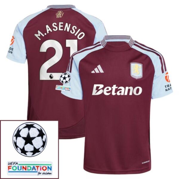 Aston Villa Marco Asensio 21 Home Fan Jersey 2024/25 Patches UCL UEFA Foundation (Official Printing) - Imagem 1