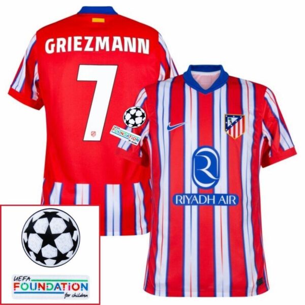 BRINDE-2025-03-04T225902.744 Atlético Madrid Griezmann 7 Home Fan Jersey 2024/25 Patches UCL UEFA Foundation (Official Printing) - Imagem 1
