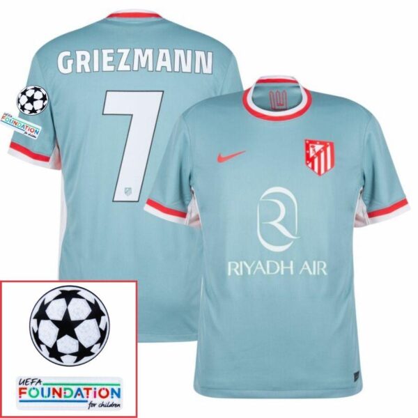 Atlético Madrid Griezmann 7 Away Fan Jersey 2024/25 Patches UCL UEFA Foundation (Official Printing) - Imagem 1