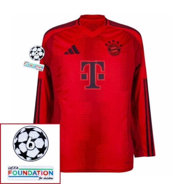 Bayern München Home Long Sleeve Fan Jersey 2024/25 Patches UCL UEFA Foundation (Official Printing) - Imagem 1