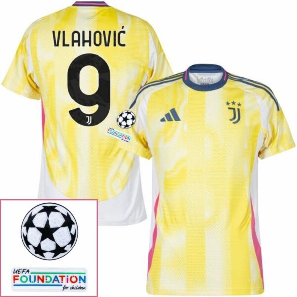 Juventus Vlahovic 9 Away 2024/25 Patches UCL UEFA Foundation (Official Printing) - Imagem 1