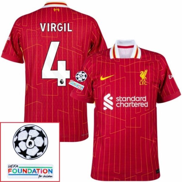 Liverpool Virgil 4 Home 2024/25 Patches UCL UEFA Foundation (Official Printing) - Imagem 1