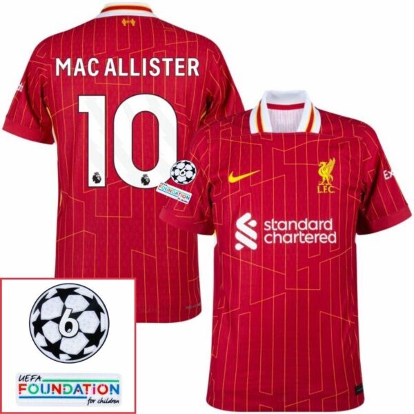 Liverpool Mac Allister 10 Home 2024/25 Patches UCL UEFA Foundation (Official Printing) - Imagem 1