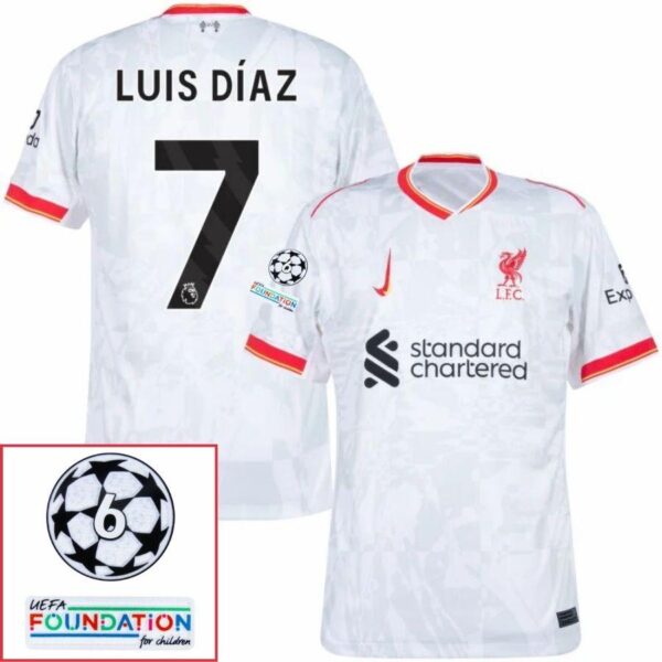 Liverpool Luis Díaz 7 Away 2024/25 Patches UCL UEFA Foundation (Official Printing) - Imagem 1