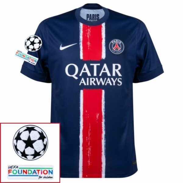 Paris Saint-Germain O.DEMBELE 10 Fan Jersey Home 2024/25 Patches UCL UEFA Foundation (Official Printing) - Imagem 5