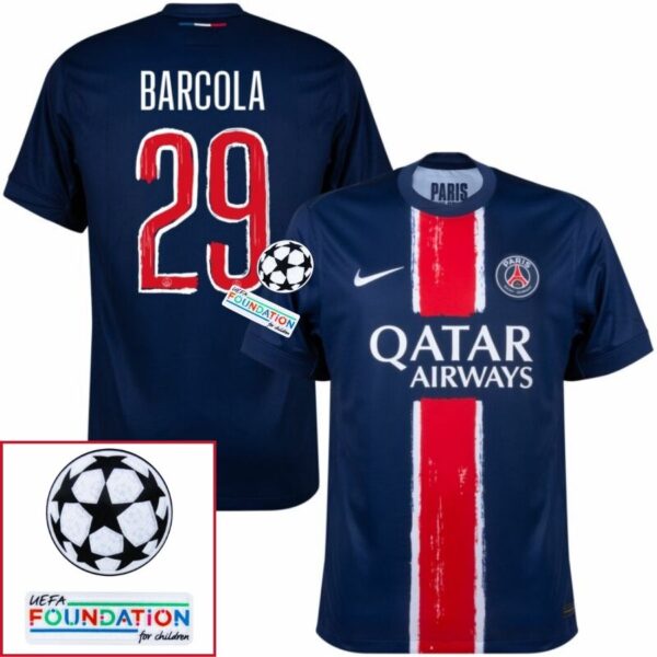 Paris Saint-Germain Barcola 29 Fan Jersey Home 2024/25 Patches UCL UEFA Foundation (Official Printing) - Imagem 1