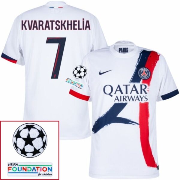 Paris Saint-Germain Kvaratskhelia 7 Fan Jersey Away 2024/25 Patches UCL UEFA Foundation (Official Printing) - Imagem 1