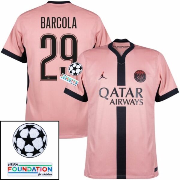 Paris Saint-Germain Barcola 29 Fan Jersey Third Jordan 2023/24 Patches UCL UEFA Foundation (Official Printing) - Imagem 1