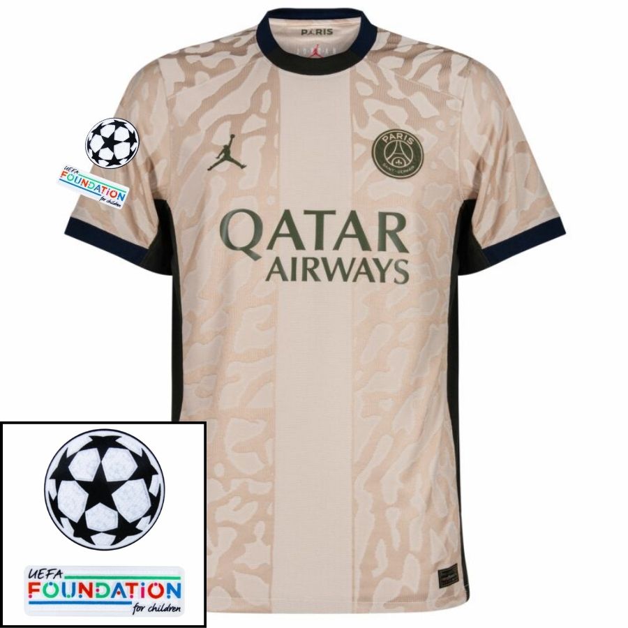 BRINDE-2025-03-06T191826.567 Paris Saint-Germain Fan Jersey Fourth Jordan 2023/24 Patches UCL UEFA Foundation (Official Printing) - Imagem 1