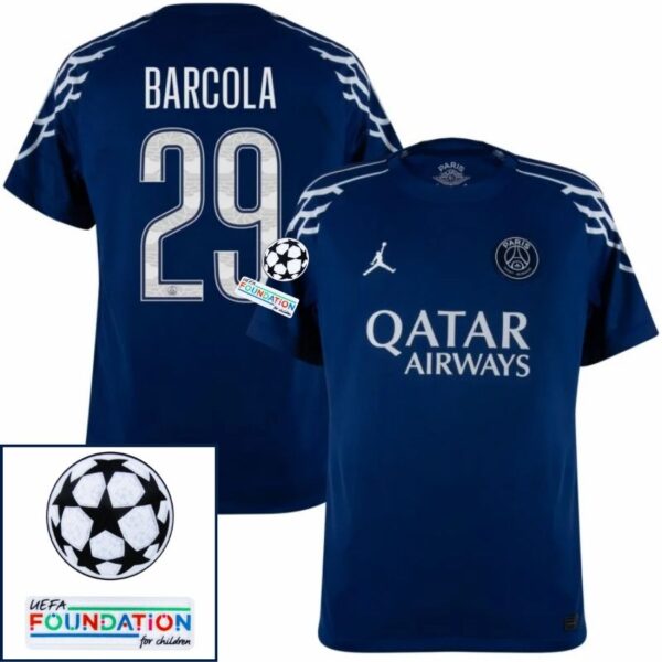 BRINDE-2025-03-06T192325.614 Paris Saint-Germain Barcola 29 Fan Jersey Fourth Jordan 2024/25 Patches UCL UEFA Foundation (Official Printing) - Imagem 1