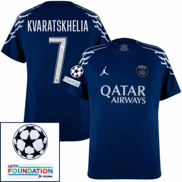 Paris Saint-Germain Kvaratskhelia 7 Fan Jersey Fourth Jordan 2024/25 Patches UCL UEFA Foundation (Official Printing) - Imagem 1