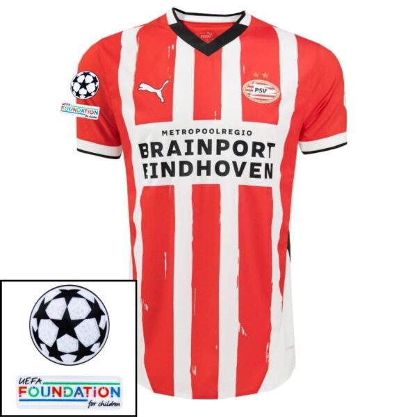 PSV Eindhoven Fan Jersey Home 2024/25 Patches UCL UEFA Foundation (Official Printing) - Imagem 1