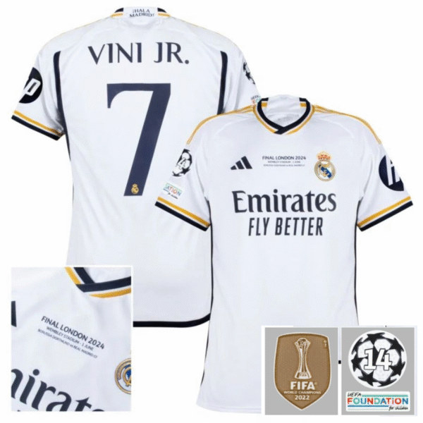 Real Madrid Home Fan Jersey 2023/24 Vini Jr. 7 Patch FIFA WCC Patch UCL UEFA Foundation Patches - Imagem 1