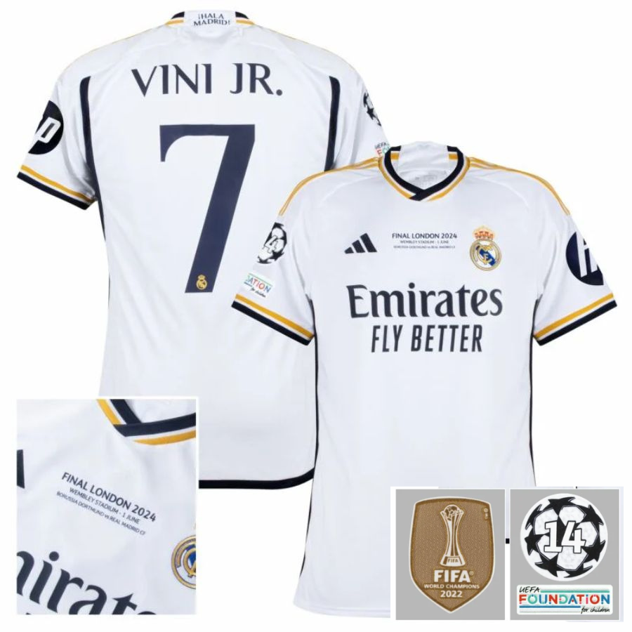 BRINDE_2_e001a35a-d976-4753-8420-9a8567aeeee5 Real Madrid Home Fan Jersey 2023/24 Vini Jr. 7 Patch FIFA WCC Patch UCL UEFA Foundation Patches - Imagem 1