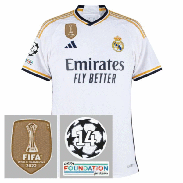 Real Madrid Home Fan Jersey 2023/24 Patch FIFA WCC Patch UCL UEFA Foundation Patches - Imagem 1