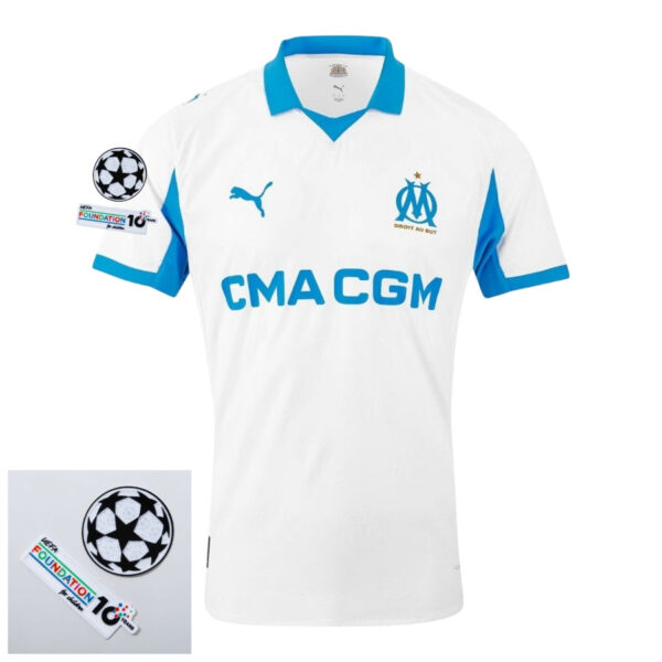 Olympique Marseille Home Fan Jersey 2025/26 Patches UCL + 10th Anniversary UEFA. - Imagem 1
