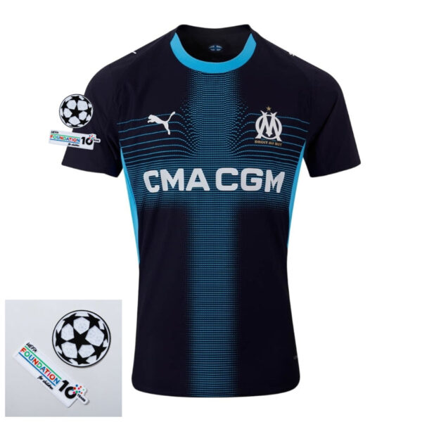 Olympique Marseille Away Fan Jersey 2025/26 Patches UCL + 10th Anniversary UEFA. - Imagem 1