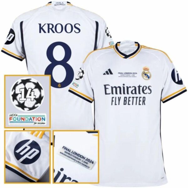 Real Madrid Toni Kroos 8 Home Fan Jersey 2023/24 Patch FIFA WCC Patch UCL UEFA Foundation Patches - Imagem 1